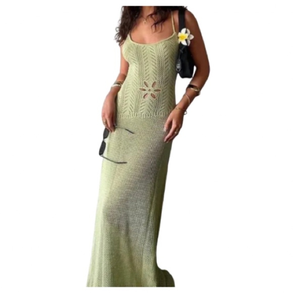 SHEIN Light Green Crochet Maxi Dress with Floral Cutout